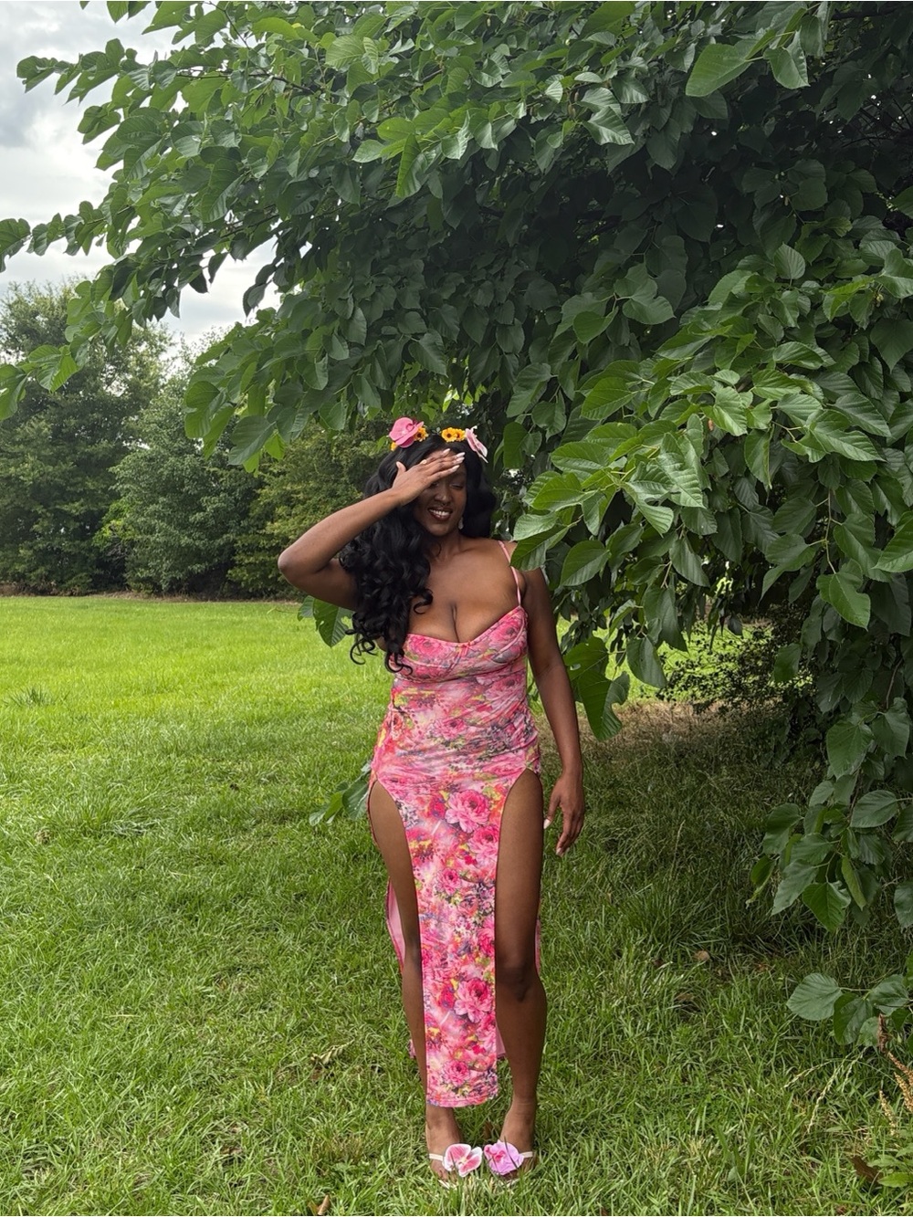 Fashion Nova Pink Floral High-Slit Slip Dress